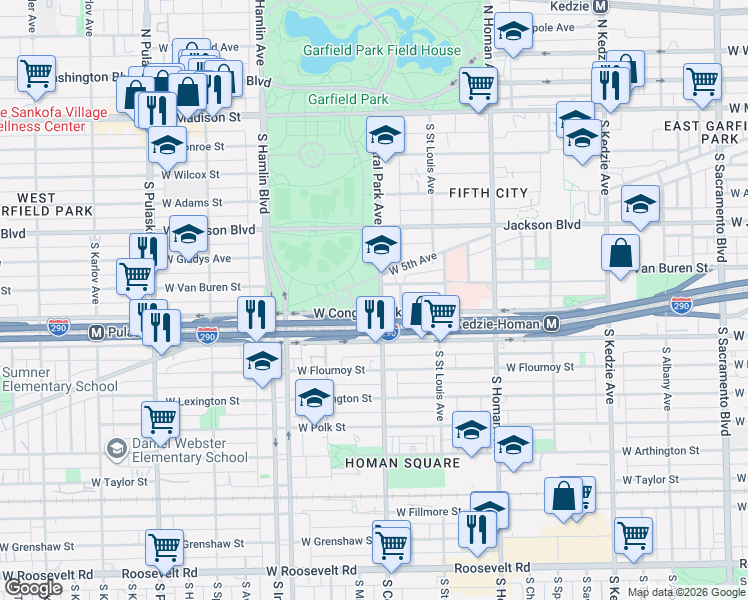map of restaurants, bars, coffee shops, grocery stores, and more near 3575 West 5th Avenue in Chicago