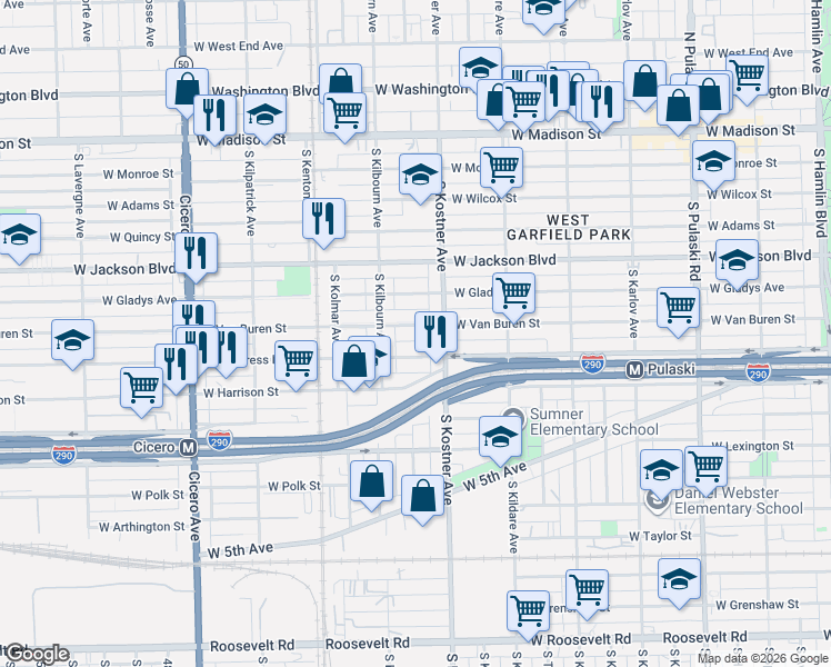 map of restaurants, bars, coffee shops, grocery stores, and more near 4434 West Van Buren Street in Chicago