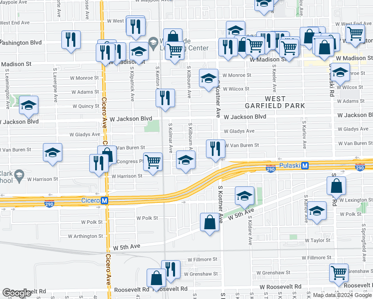 map of restaurants, bars, coffee shops, grocery stores, and more near 4500 West Van Buren Street in Chicago