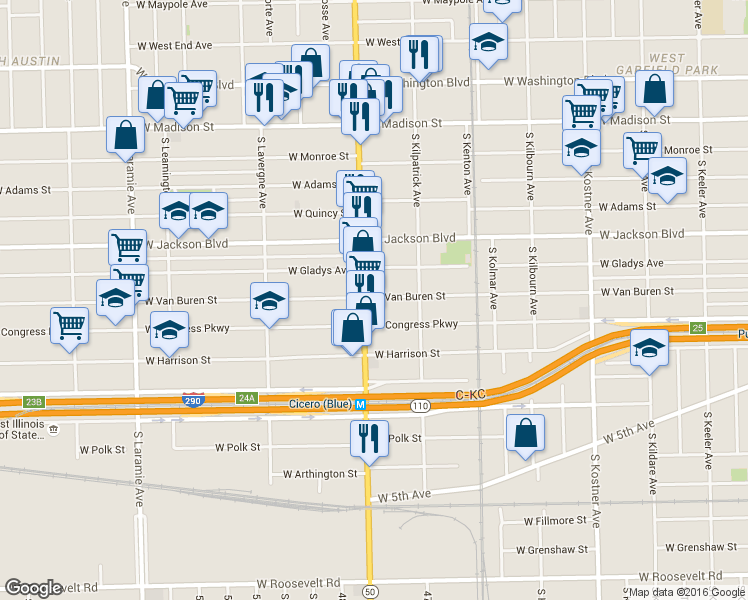 map of restaurants, bars, coffee shops, grocery stores, and more near 4733 West Gladys Avenue in Chicago
