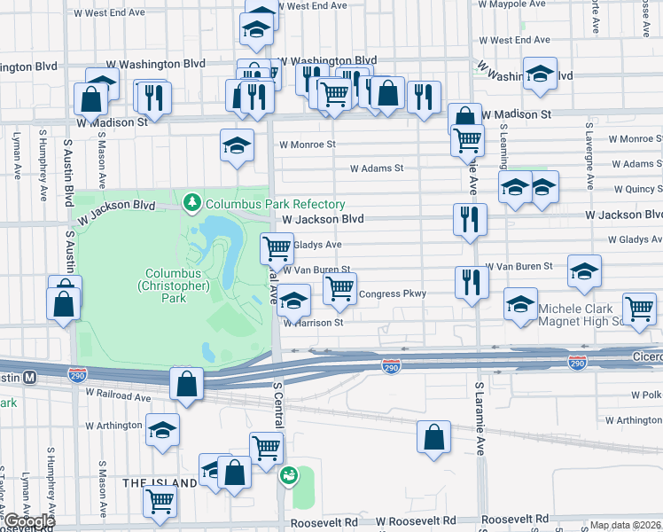 map of restaurants, bars, coffee shops, grocery stores, and more near 5507 West Gladys Avenue in Chicago