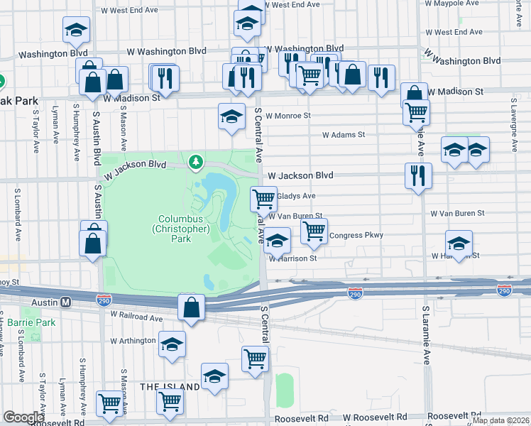 map of restaurants, bars, coffee shops, grocery stores, and more near 325 South Central Avenue in Chicago
