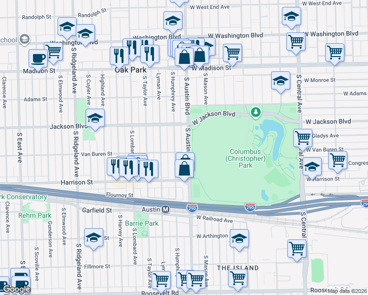map of restaurants, bars, coffee shops, grocery stores, and more near 724 South Humphrey Avenue in Oak Park
