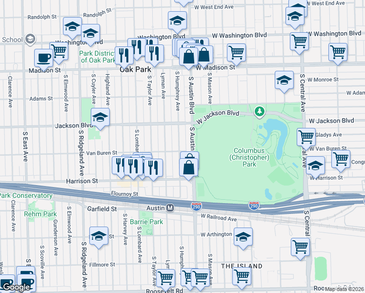map of restaurants, bars, coffee shops, grocery stores, and more near 724 South Humphrey Avenue in Oak Park