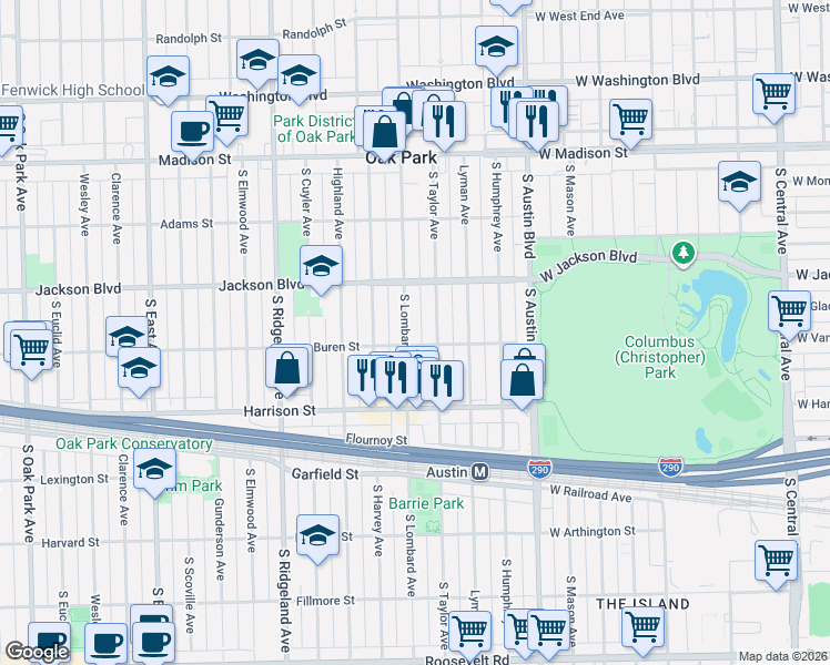 map of restaurants, bars, coffee shops, grocery stores, and more near 723 South Taylor Avenue in Oak Park
