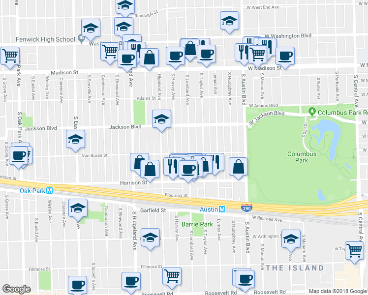 map of restaurants, bars, coffee shops, grocery stores, and more near 722 South Harvey Avenue in Oak Park