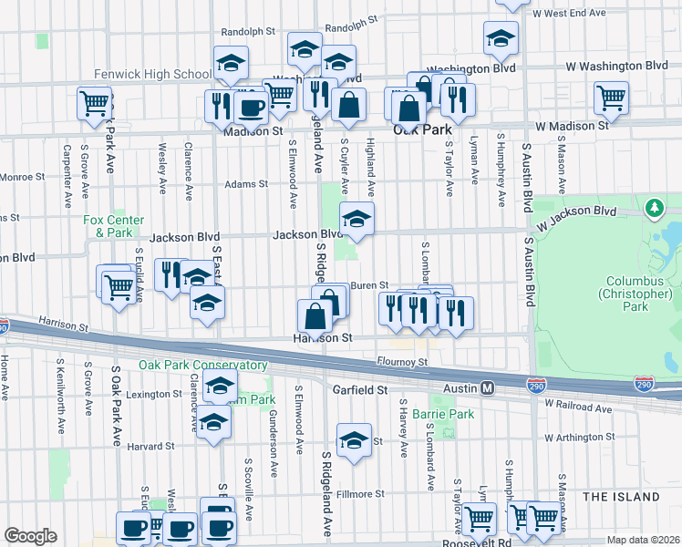 map of restaurants, bars, coffee shops, grocery stores, and more near 711 South Cuyler Avenue in Oak Park