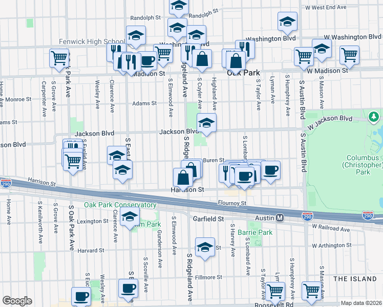 map of restaurants, bars, coffee shops, grocery stores, and more near 719 South Ridgeland Avenue in Oak Park