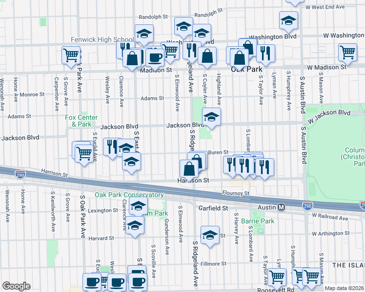 map of restaurants, bars, coffee shops, grocery stores, and more near 719 South Ridgeland Avenue in Oak Park