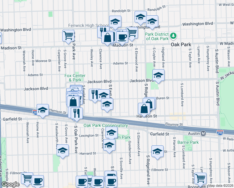 map of restaurants, bars, coffee shops, grocery stores, and more near 716 South East Avenue in Oak Park