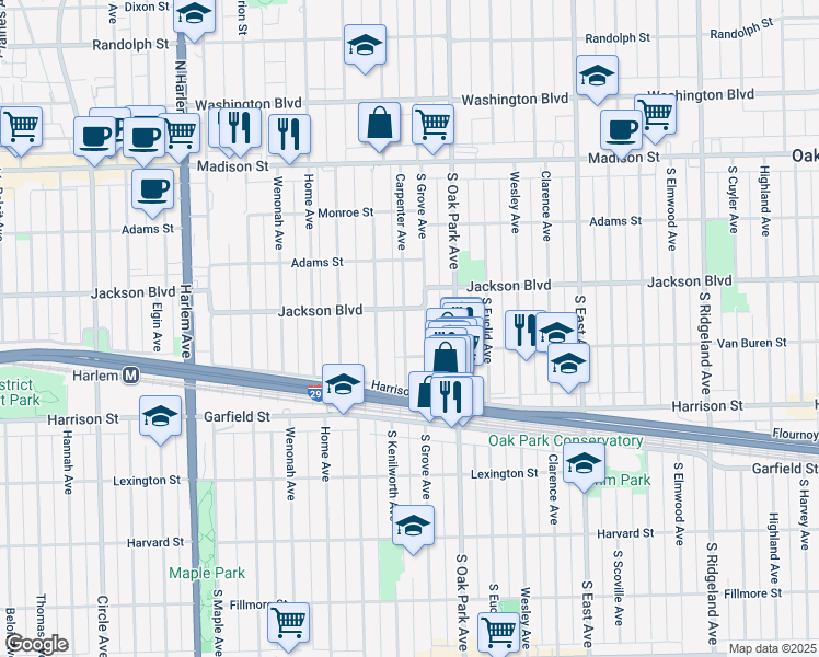 map of restaurants, bars, coffee shops, grocery stores, and more near 733 Carpenter Avenue in Oak Park