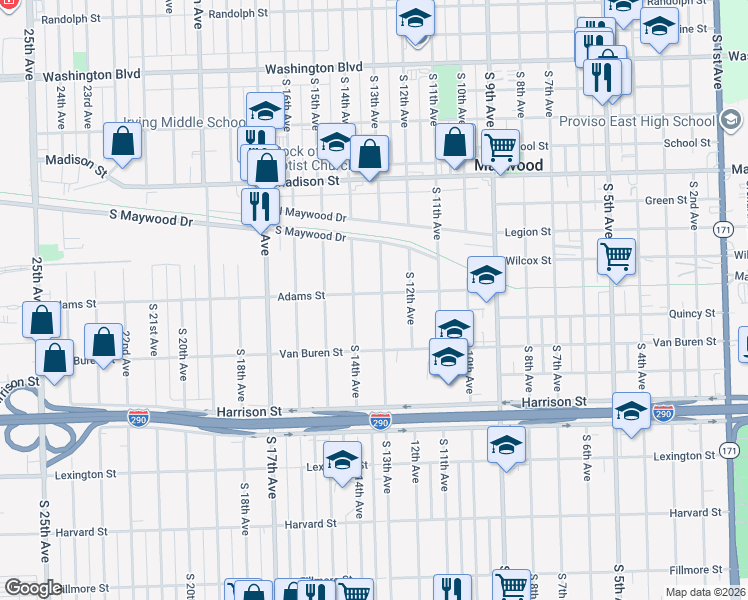 map of restaurants, bars, coffee shops, grocery stores, and more near 1240 South 13th Avenue in Maywood