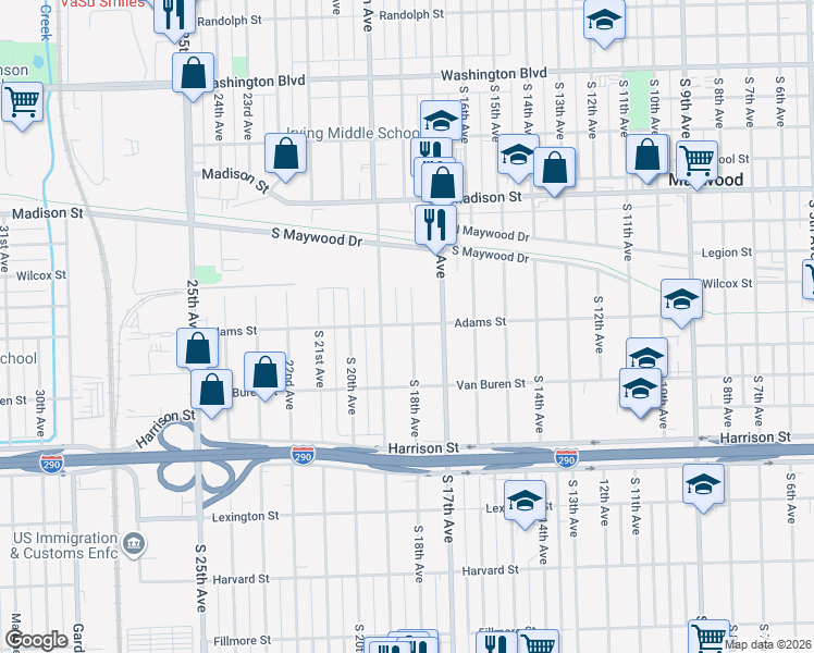 map of restaurants, bars, coffee shops, grocery stores, and more near 1234 South 18th Avenue in Maywood