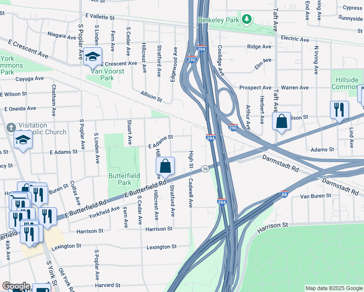 map of restaurants, bars, coffee shops, grocery stores, and more near 520 East Adams Street in Elmhurst