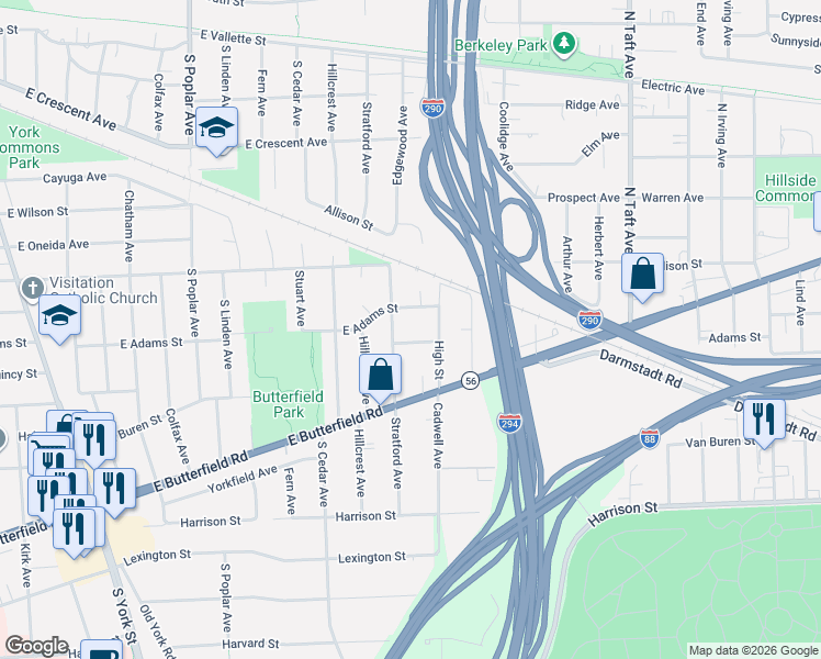 map of restaurants, bars, coffee shops, grocery stores, and more near 520 East Adams Street in Elmhurst