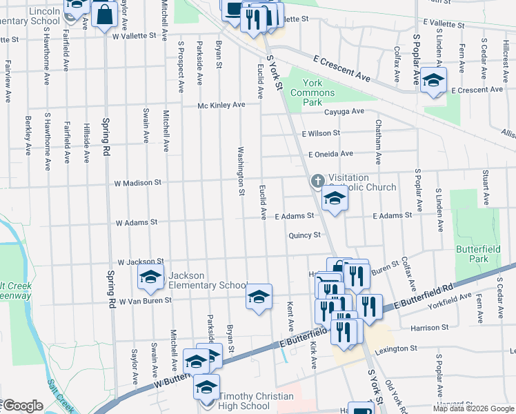 map of restaurants, bars, coffee shops, grocery stores, and more near 775 Washington Street in Elmhurst