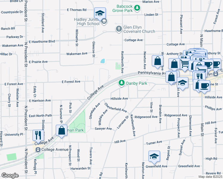 map of restaurants, bars, coffee shops, grocery stores, and more near 256 Duane Street in Glen Ellyn