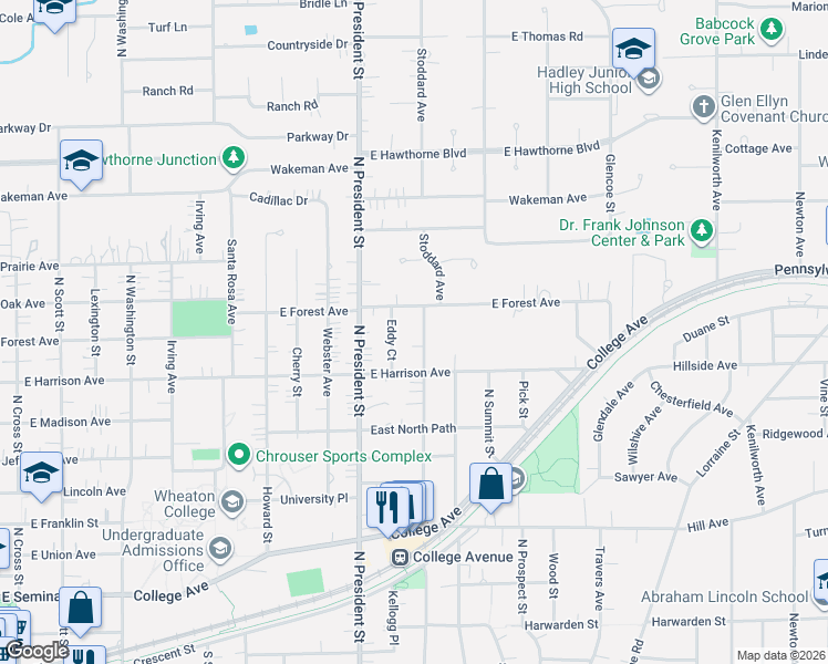 map of restaurants, bars, coffee shops, grocery stores, and more near 1106 East Forest Avenue in Wheaton