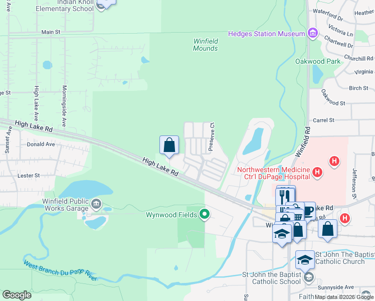map of restaurants, bars, coffee shops, grocery stores, and more near 0N052 Woodland Drive in Winfield