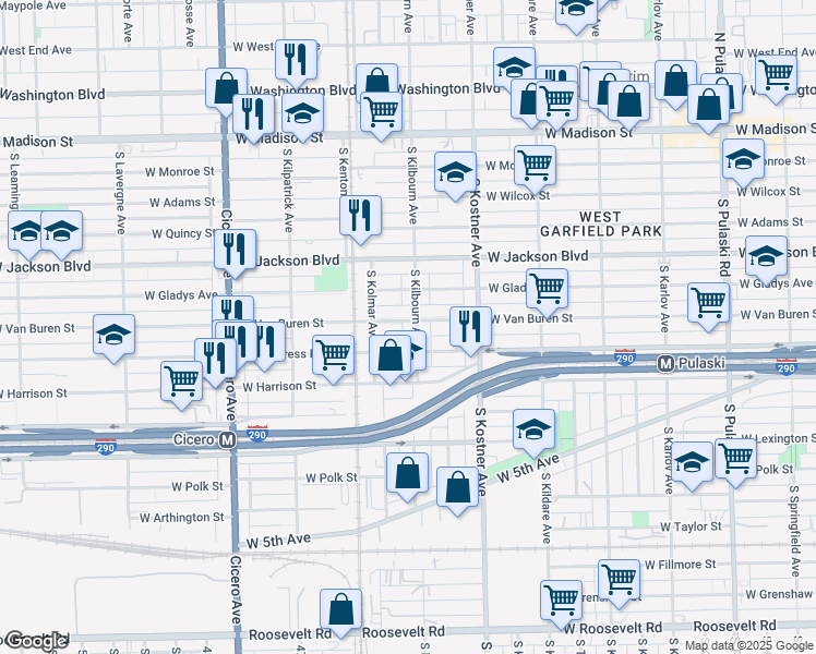 map of restaurants, bars, coffee shops, grocery stores, and more near 400 South Kilbourn Avenue in Chicago