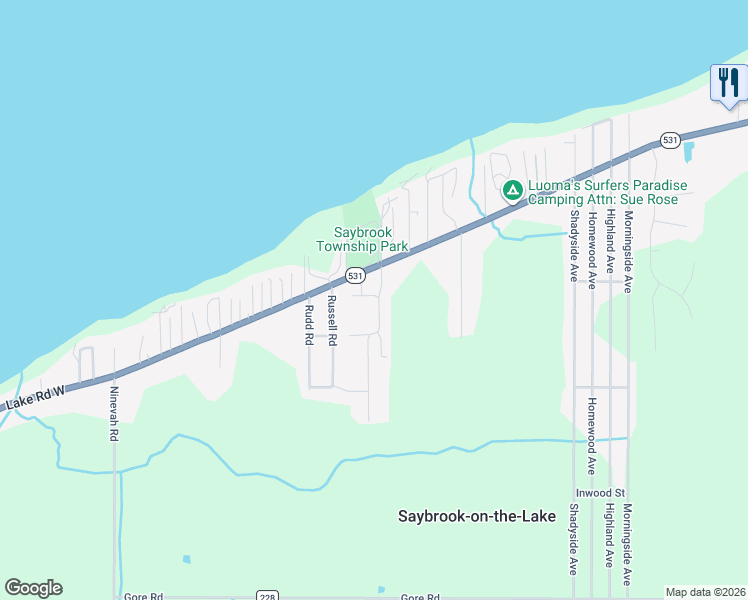 map of restaurants, bars, coffee shops, grocery stores, and more near 5940 Lake Road West in Ashtabula