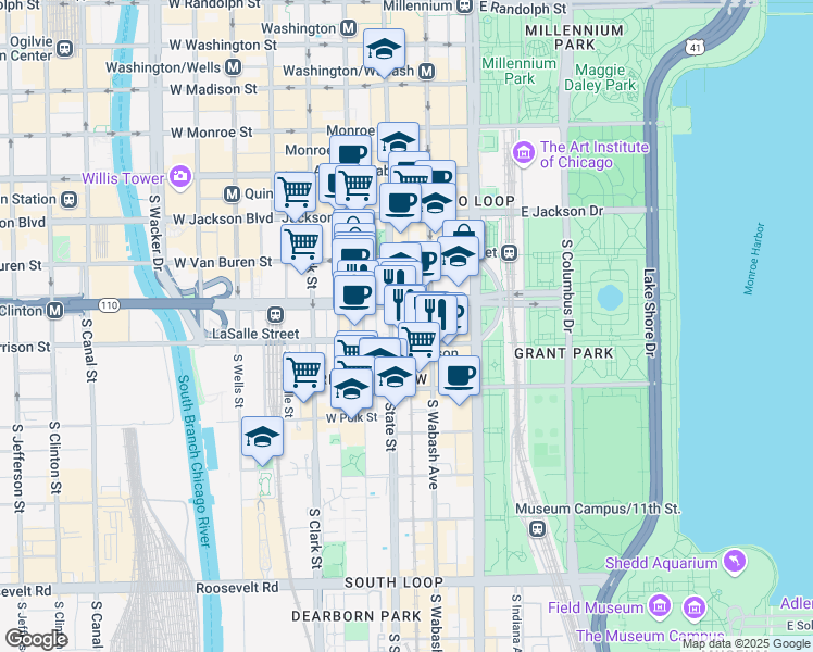 map of restaurants, bars, coffee shops, grocery stores, and more near 11 East Ida B. Wells Drive in Chicago