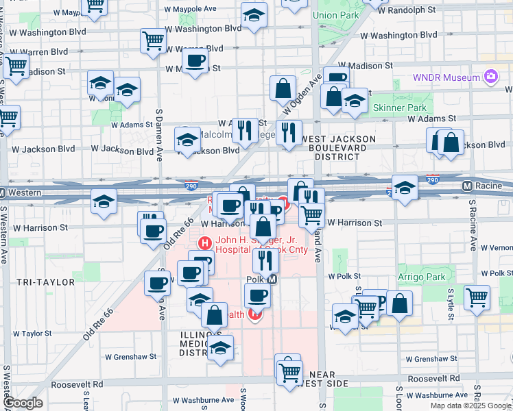 map of restaurants, bars, coffee shops, grocery stores, and more near 1717 West Congress Parkway in Chicago