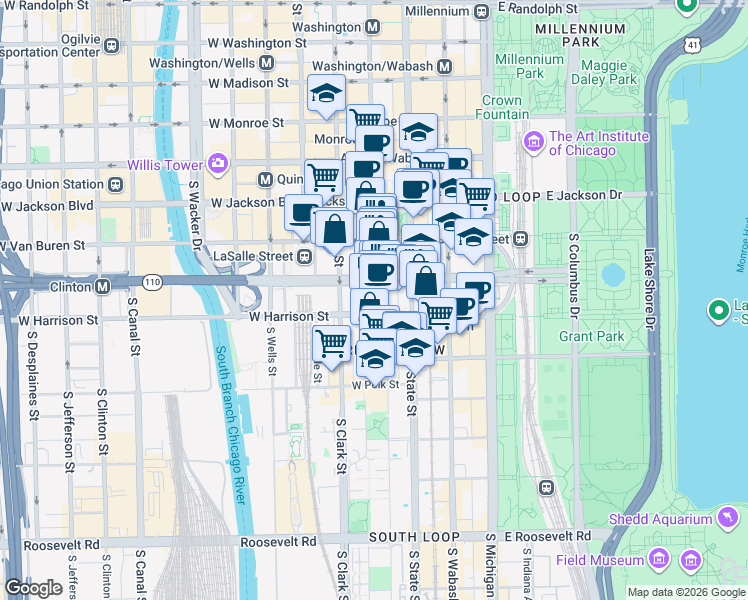 map of restaurants, bars, coffee shops, grocery stores, and more near 31 W Congress Pkwy in Chicago