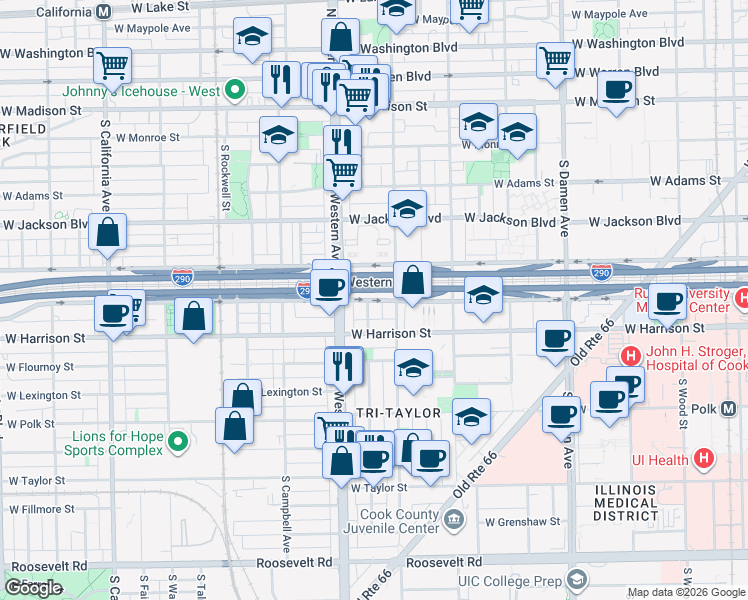 map of restaurants, bars, coffee shops, grocery stores, and more near 2338 West Congress Parkway in Chicago