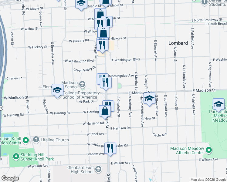 map of restaurants, bars, coffee shops, grocery stores, and more near 576 South Charlotte Street in Lombard