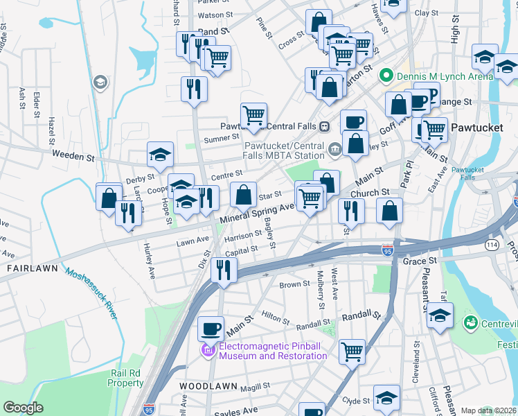 map of restaurants, bars, coffee shops, grocery stores, and more near 48 Star Street in Pawtucket