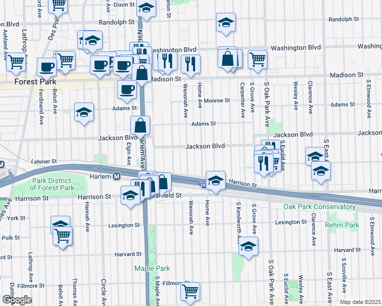 map of restaurants, bars, coffee shops, grocery stores, and more near 735 Wenonah Avenue in Oak Park