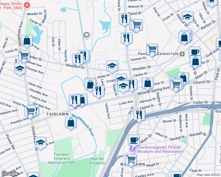 map of restaurants, bars, coffee shops, grocery stores, and more near 54 Cooper Street in Pawtucket