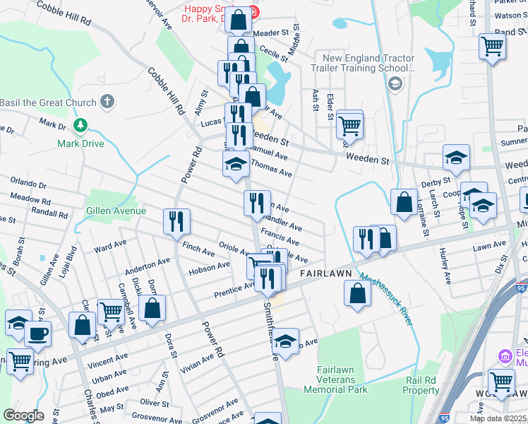 map of restaurants, bars, coffee shops, grocery stores, and more near 55 Owen Avenue in Pawtucket
