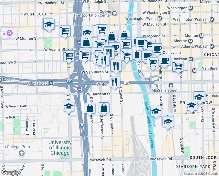 map of restaurants, bars, coffee shops, grocery stores, and more near 506 West Harrison Street in Chicago