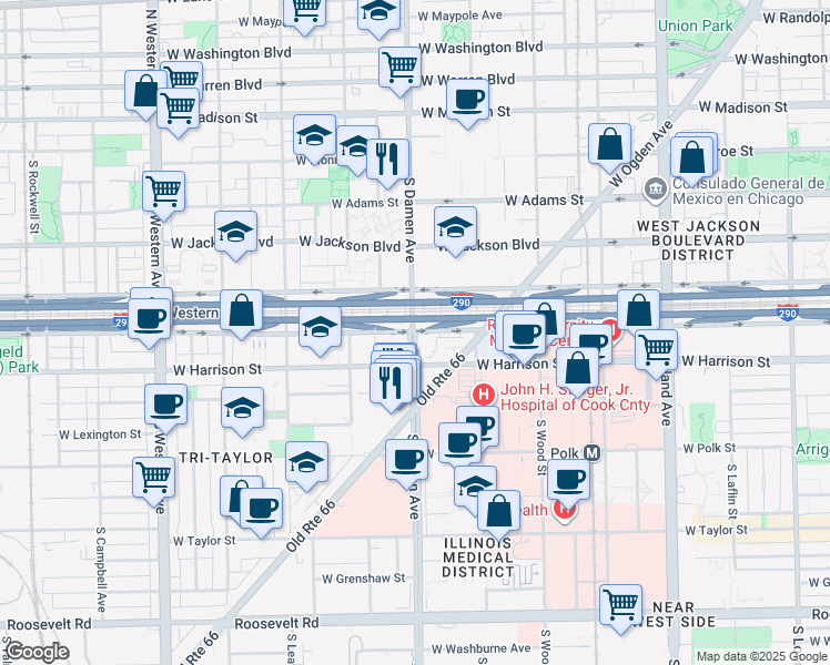 map of restaurants, bars, coffee shops, grocery stores, and more near 430 South Damen Avenue in Chicago