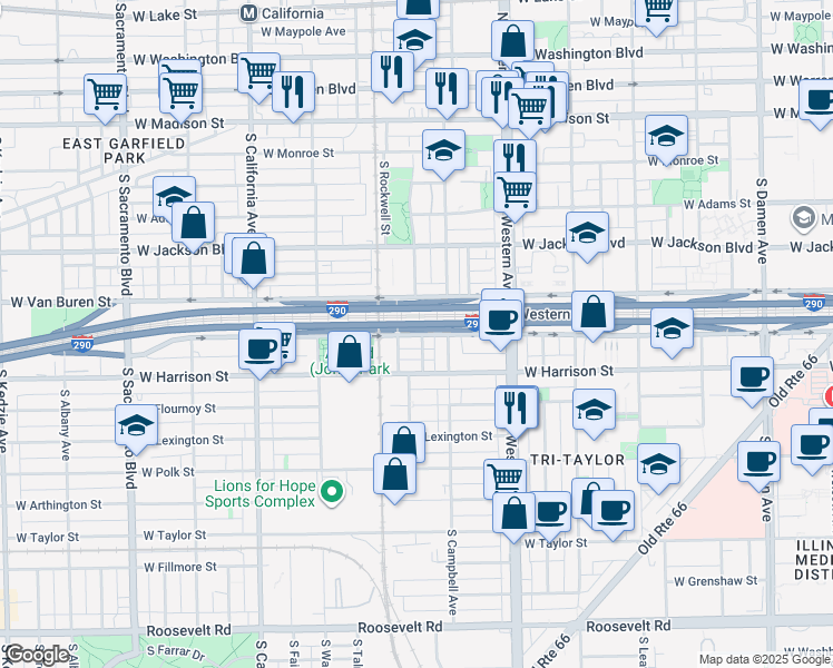 map of restaurants, bars, coffee shops, grocery stores, and more near 2521 West Van Buren Street in Chicago