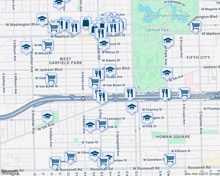 map of restaurants, bars, coffee shops, grocery stores, and more near 3934 West Van Buren Street in Chicago