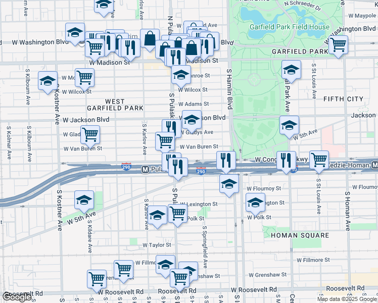map of restaurants, bars, coffee shops, grocery stores, and more near 3934 West Van Buren Street in Chicago