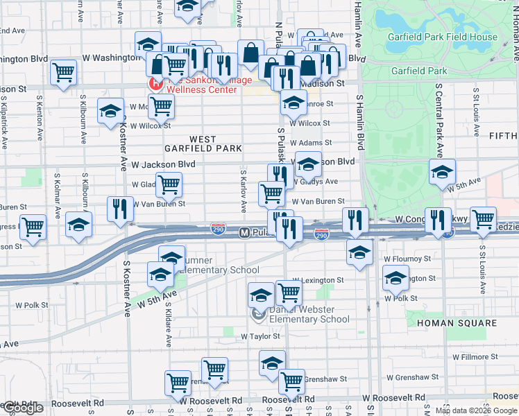 map of restaurants, bars, coffee shops, grocery stores, and more near 4050 West Van Buren Street in Chicago