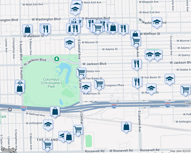 map of restaurants, bars, coffee shops, grocery stores, and more near 5507 West Gladys Avenue in Chicago