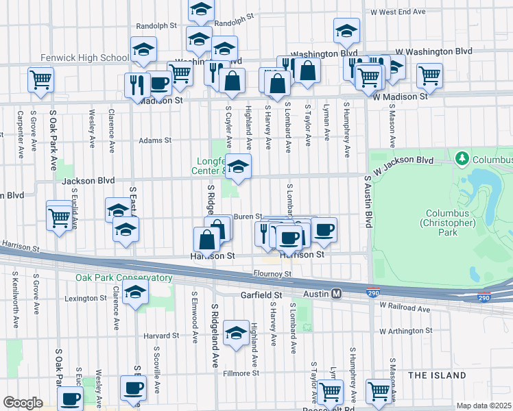 map of restaurants, bars, coffee shops, grocery stores, and more near 720 Highland Avenue in Oak Park