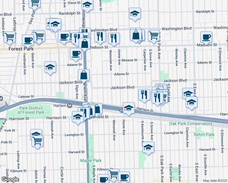 map of restaurants, bars, coffee shops, grocery stores, and more near 735 Wenonah Avenue in Oak Park