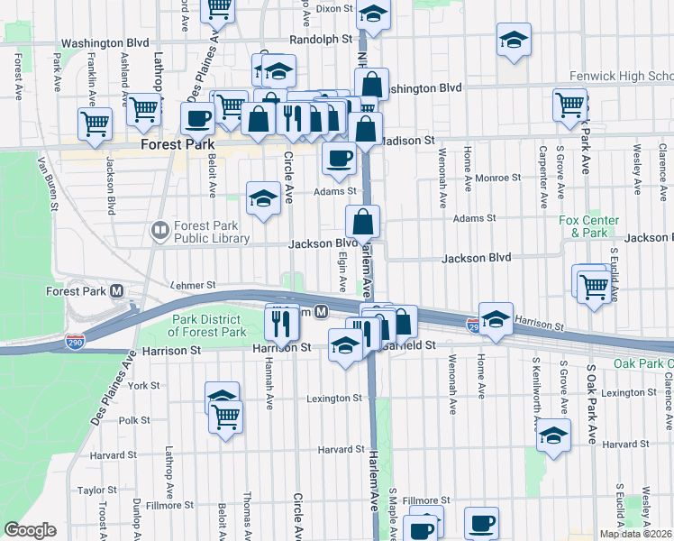 map of restaurants, bars, coffee shops, grocery stores, and more near 610 Elgin Avenue in Forest Park
