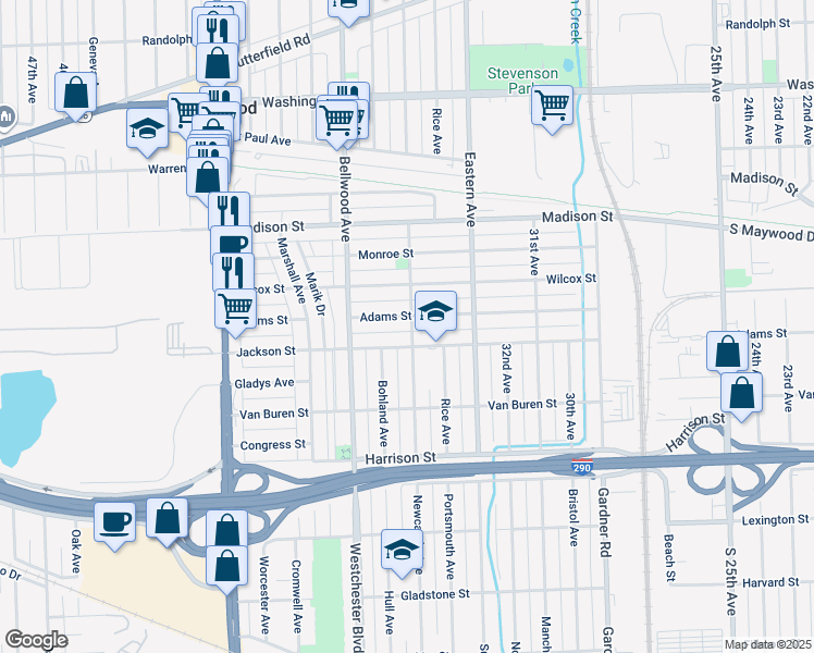 map of restaurants, bars, coffee shops, grocery stores, and more near 3505 Adams Street in Bellwood