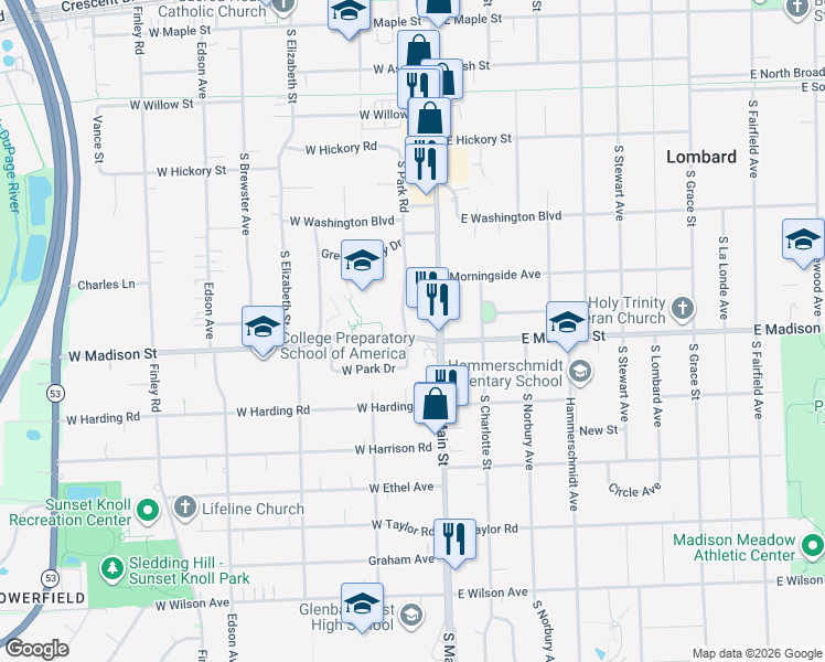 map of restaurants, bars, coffee shops, grocery stores, and more near 566 South Main Street in Lombard