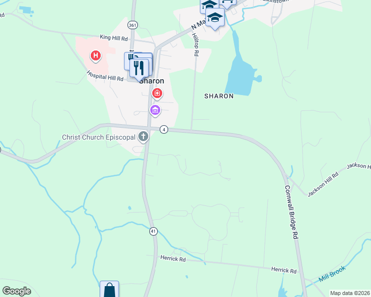 map of restaurants, bars, coffee shops, grocery stores, and more near 59 Cornwall Bridge Road in Sharon