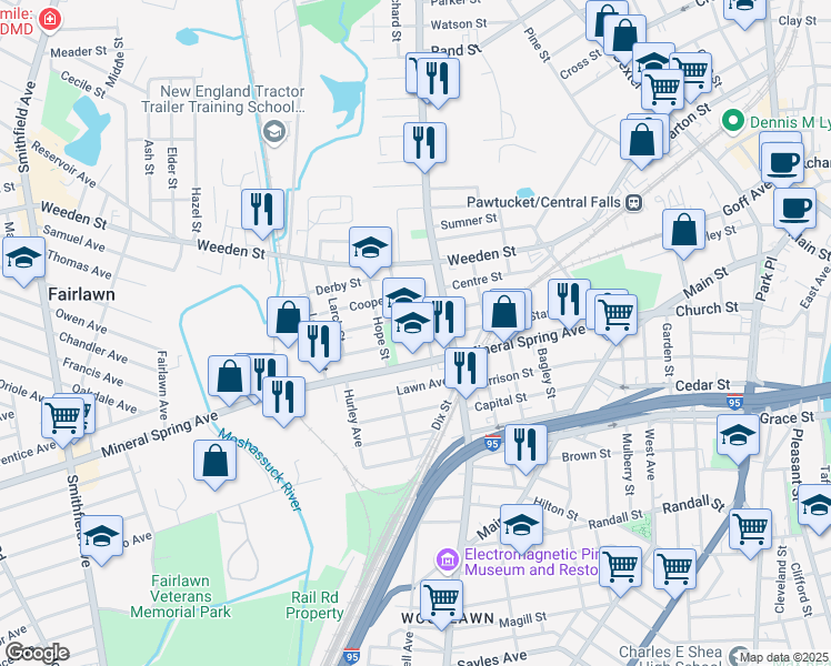 map of restaurants, bars, coffee shops, grocery stores, and more near 40 Baldwin Street in Pawtucket