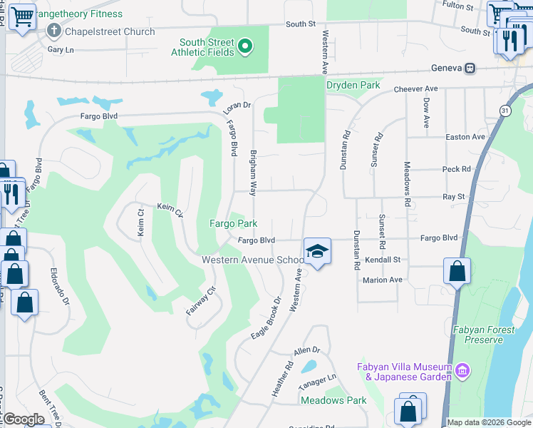 map of restaurants, bars, coffee shops, grocery stores, and more near 1576 Country Squire Drive in Geneva