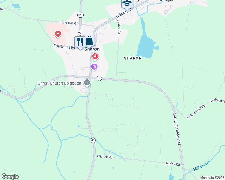map of restaurants, bars, coffee shops, grocery stores, and more near 59 Cornwall Bridge Road in Sharon